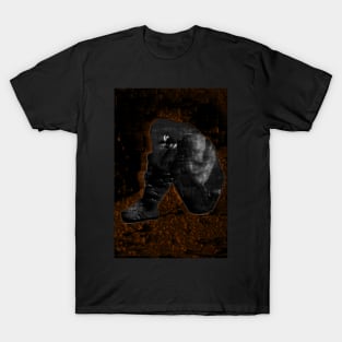 Girl sitting on the floor, near the wall, clasping hands around knees. Weird, dark, beautiful. T-Shirt